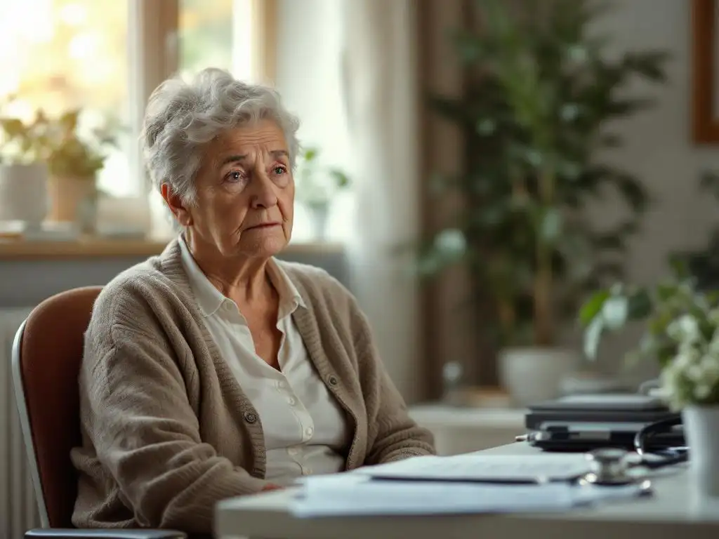 Äldre kvinna i 70-årsåldern sitter bekymrat i läkarmottagning med mjuk belysning och medicinska instrument på skrivbord