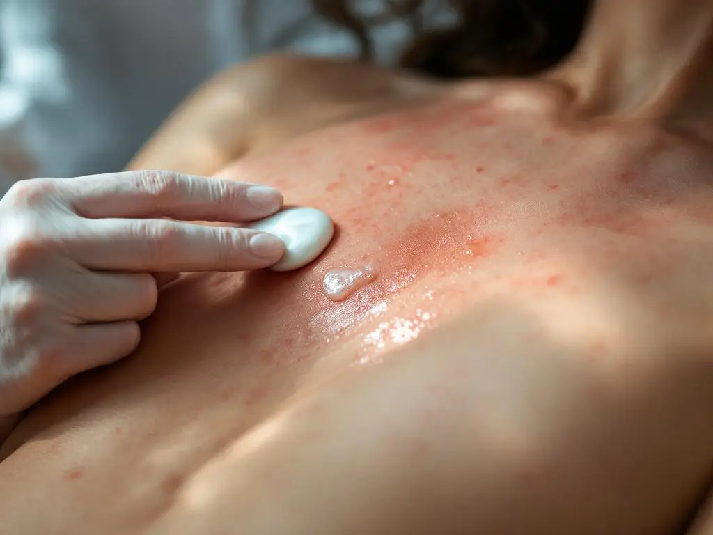Händer applicerar medicinsk kräm på shingles utslag på torso, antivirala läkemedel på vitt medicinskt bord