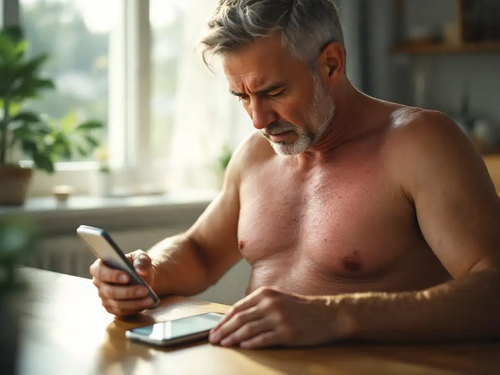 Medelålders person undersöker röd utslag med blåsor på huden vid köksbord, smartphone med läkarapp synlig