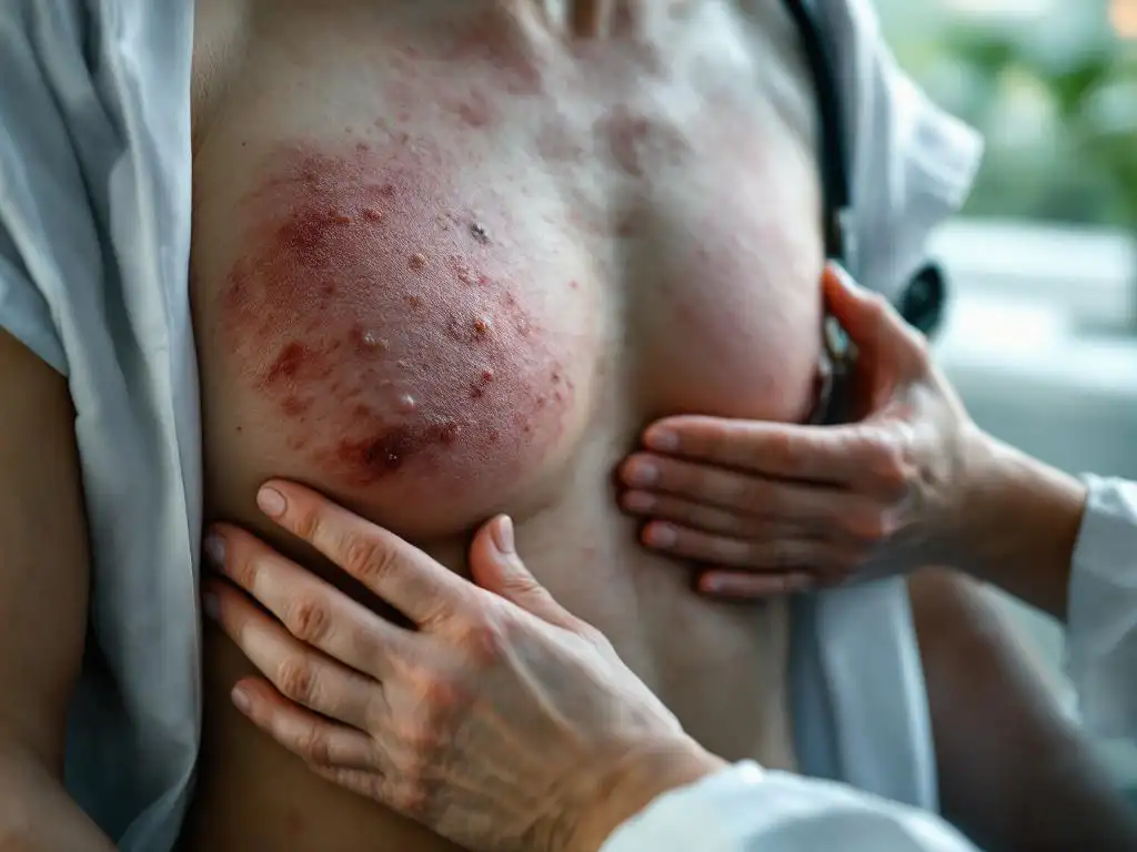 Läkare undersöker patients hud med blåsor och utslag på bålen i klinisk miljö med naturligt ljus