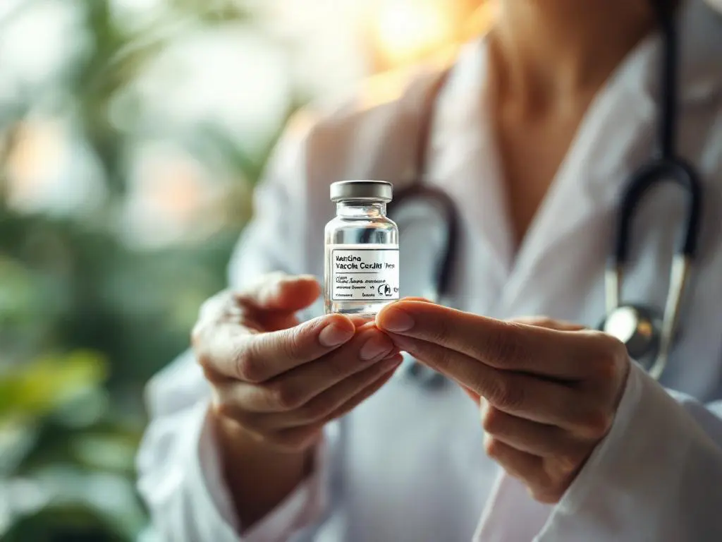 Läkares händer håller glasflaska med vaccin, stetoskop i bakgrunden, vit läkarrock, medicinsk miljö