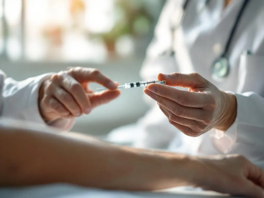 Vårdpersonal förbereder vaccinationsspruta för äldre patient i steril klinisk miljö med varm, trygg atmosfär